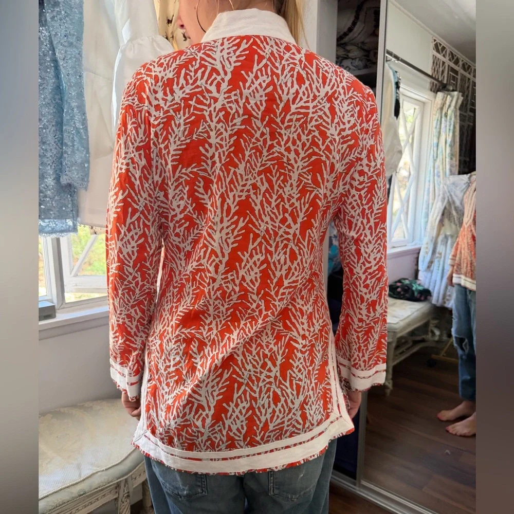 Tory Burch Orange and White Coral-Print V-Neck Tunic